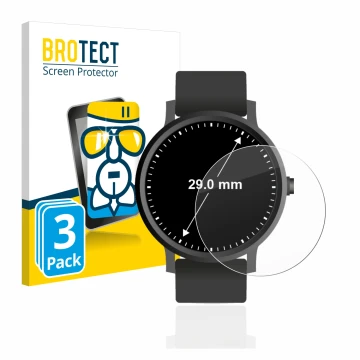 Vorderseite einer Produktverpackung mit dem Markenlogo BROTECT. Daneben ist das Gerät Kreisrunde Displays (ø: 29 mm) mit dem z