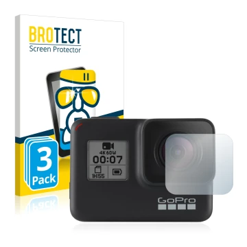 Vorderseite einer Produktverpackung mit dem Markenlogo BROTECT. Daneben ist das Gerät GoPro Hero 7 Black (Linse) mit dem zugeh