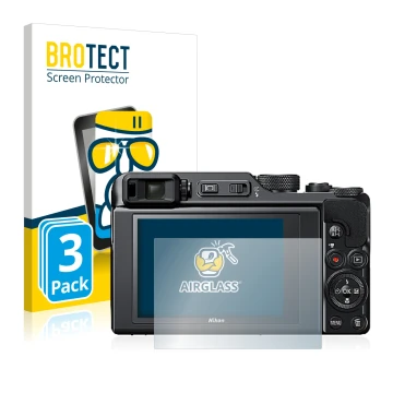 Vorderseite einer Produktverpackung mit dem Markenlogo BROTECT. Daneben ist das Gerät Nikon Coolpix A1000 mit dem zugehörigen 
