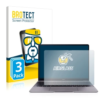 Vorderseite einer Produktverpackung mit dem Markenlogo BROTECT. Daneben ist das Gerät Huawei MateBook 13 2019 mit dem zugehöri