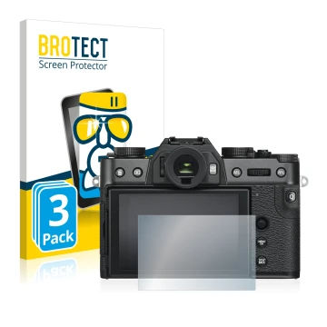 Vorderseite einer Produktverpackung mit dem Markenlogo BROTECT. Daneben ist das Gerät Fujifilm X-T30 mit dem zugehörigen Displ