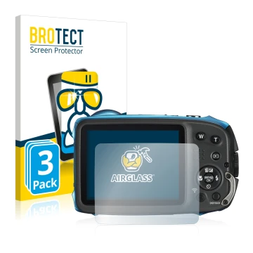 Vorderseite einer Produktverpackung mit dem Markenlogo BROTECT. Daneben ist das Gerät Fujifilm FinePix XP140 mit dem zugehörig