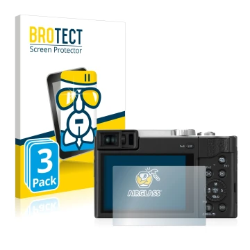 Vorderseite einer Produktverpackung mit dem Markenlogo BROTECT. Daneben ist das Gerät Panasonic Lumix DC-TZ96 mit dem zugehöri