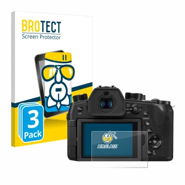 Vorderseite einer Produktverpackung mit dem Markenlogo BROTECT. Daneben ist das Gerät Panasonic Lumix DC-FZ1000 II mit dem zug
