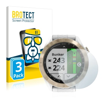 Vorderseite einer Produktverpackung mit dem Markenlogo BROTECT. Daneben ist das Gerät Garmin Approach S40 mit dem zugehörigen 