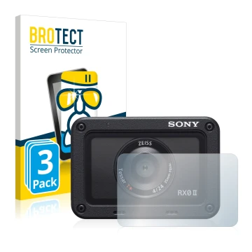 Vorderseite einer Produktverpackung mit dem Markenlogo BROTECT. Daneben ist das Gerät Sony DSC-RX0M2 (RX0 II) (Linse) mit dem 