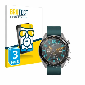 Vorderseite einer Produktverpackung mit dem Markenlogo BROTECT. Daneben ist das Gerät Huawei Watch GT Active mit dem zugehörig