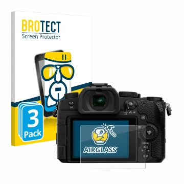 Vorderseite einer Produktverpackung mit dem Markenlogo BROTECT. Daneben ist das Gerät Panasonic Lumix DC-G91 mit dem zugehörig