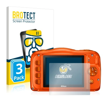 Vorderseite einer Produktverpackung mit dem Markenlogo BROTECT. Daneben ist das Gerät Nikon Coolpix W150 mit dem zugehörigen D