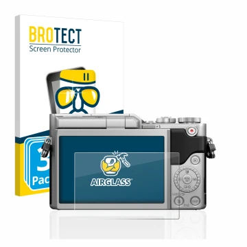 Vorderseite einer Produktverpackung mit dem Markenlogo BROTECT. Daneben ist das Gerät Panasonic Lumix DC-GX880 mit dem zugehör