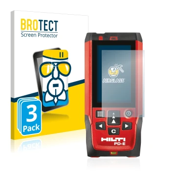 Vorderseite einer Produktverpackung mit dem Markenlogo BROTECT. Daneben ist das Gerät Hilti PD-E mit dem zugehörigen Displaysc