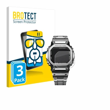 Vorderseite einer Produktverpackung mit dem Markenlogo BROTECT. Daneben ist das Gerät Casio G-Shock GMW-B5000D-1ER mit dem zug