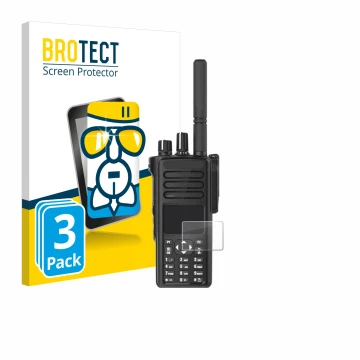 Vorderseite einer Produktverpackung mit dem Markenlogo BROTECT. Daneben ist das Gerät Motorola DP4801e mit dem zugehörigen Dis