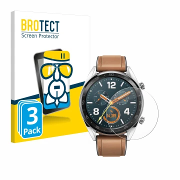 Vorderseite einer Produktverpackung mit dem Markenlogo BROTECT. Daneben ist das Gerät Huawei Watch GT Classic mit dem zugehöri