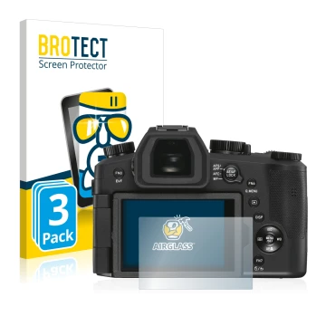 Vorderseite einer Produktverpackung mit dem Markenlogo BROTECT. Daneben ist das Gerät Leica V-LUX 5 mit dem zugehörigen Displa