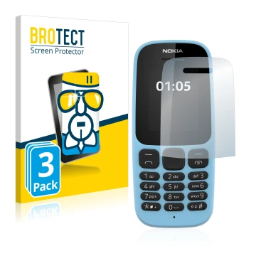 Vorderseite einer Produktverpackung mit dem Markenlogo BROTECT. Daneben ist das Gerät Nokia 105 2019 mit dem zugehörigen Displ
