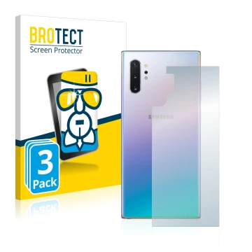 Vorderseite einer Produktverpackung mit dem Markenlogo BROTECT. Daneben ist das Gerät Samsung Galaxy Note 10 Plus (Rückseite) 