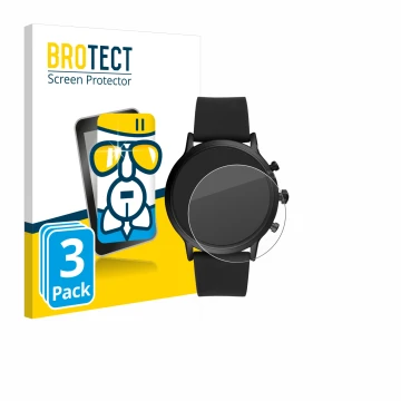 Vorderseite einer Produktverpackung mit dem Markenlogo BROTECT. Daneben ist das Gerät Fossil The Carlyle HR (5.Gen) mit dem zu