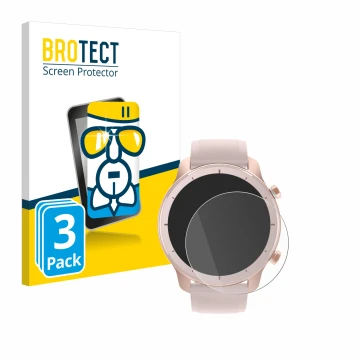 Vorderseite einer Produktverpackung mit dem Markenlogo BROTECT. Daneben ist das Gerät Huami Amazfit GTR (42 mm) mit dem zugehö