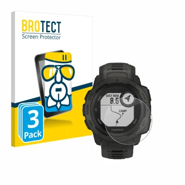 Vorderseite einer Produktverpackung mit dem Markenlogo BROTECT. Daneben ist das Gerät Garmin Instinct Tactical Edition mit dem
