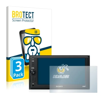 Vorderseite einer Produktverpackung mit dem Markenlogo BROTECT. Daneben ist das Gerät Sony XAV-AX1005DB mit dem zugehörigen Di