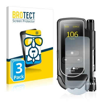 Vorderseite einer Produktverpackung mit dem Markenlogo BROTECT. Daneben ist das Gerät Accu-Chek Mobile mit dem zugehörigen Dis