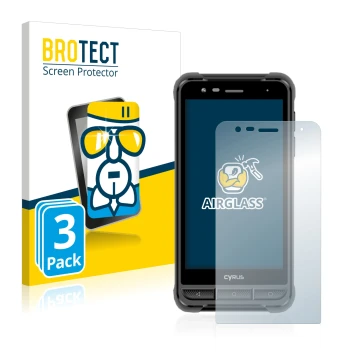 Vorderseite einer Produktverpackung mit dem Markenlogo BROTECT. Daneben ist das Gerät Cyrus CS22 XA mit dem zugehörigen Displa