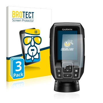 Vorderseite einer Produktverpackung mit dem Markenlogo BROTECT. Daneben ist das Gerät Garmin Striker 4 mit dem zugehörigen Dis