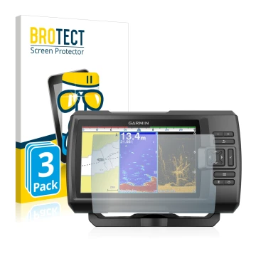 Vorderseite einer Produktverpackung mit dem Markenlogo BROTECT. Daneben ist das Gerät Garmin Striker Plus 9sv mit dem zugehöri