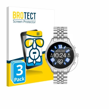 Vorderseite einer Produktverpackung mit dem Markenlogo BROTECT. Daneben ist das Gerät Michael Kors Access Lexington 2 mit dem 