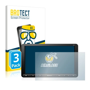 Vorderseite einer Produktverpackung mit dem Markenlogo BROTECT. Daneben ist das Gerät Sony XAV-AX8050D mit dem zugehörigen Dis