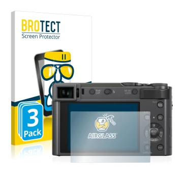 Vorderseite einer Produktverpackung mit dem Markenlogo BROTECT. Daneben ist das Gerät Panasonic Lumix DC-TZ200 mit dem zugehör