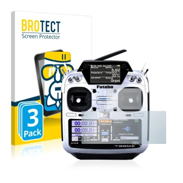 Vorderseite einer Produktverpackung mit dem Markenlogo BROTECT. Daneben ist das Gerät Robbe Futaba T32MZ mit dem zugehörigen D