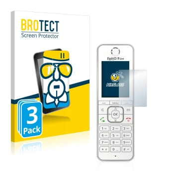 Vorderseite einer Produktverpackung mit dem Markenlogo BROTECT. Daneben ist das Gerät AVM Fritz!Fon C6 mit dem zugehörigen Dis