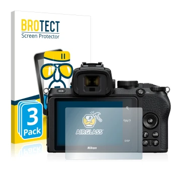 Vorderseite einer Produktverpackung mit dem Markenlogo BROTECT. Daneben ist das Gerät Nikon Z 50 mit dem zugehörigen Displaysc