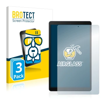 Vorderseite einer Produktverpackung mit dem Markenlogo BROTECT. Daneben ist das Gerät Samsung Galaxy Tab A 10.1 LTE 2019 mit d