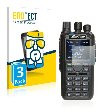 Vorderseite einer Produktverpackung mit dem Markenlogo BROTECT. Daneben ist das Gerät AnyTone AT-D878UV mit dem zugehörigen Di