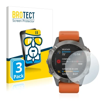 Vorderseite einer Produktverpackung mit dem Markenlogo BROTECT. Daneben ist das Gerät Garmin Fenix 6 mit dem zugehörigen Displ