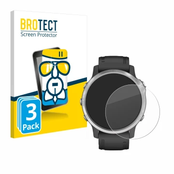 Vorderseite einer Produktverpackung mit dem Markenlogo BROTECT. Daneben ist das Gerät Garmin Fenix 6S mit dem zugehörigen Disp