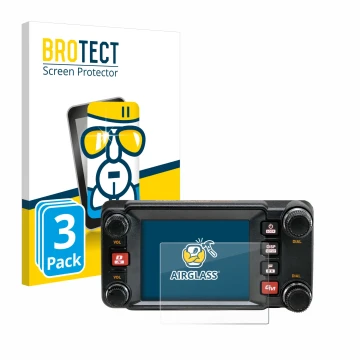 Vorderseite einer Produktverpackung mit dem Markenlogo BROTECT. Daneben ist das Gerät Yaesu FTM-400XDR mit dem zugehörigen Dis