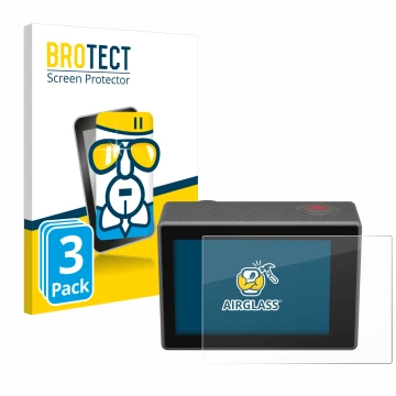 Vorderseite einer Produktverpackung mit dem Markenlogo BROTECT. Daneben ist das Gerät Akaso V50 Elite mit dem zugehörigen Disp