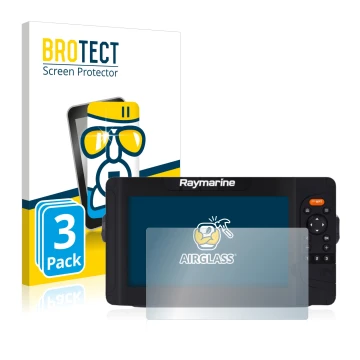 Vorderseite einer Produktverpackung mit dem Markenlogo BROTECT. Daneben ist das Gerät Raymarine Element 9 HV mit dem zugehörig