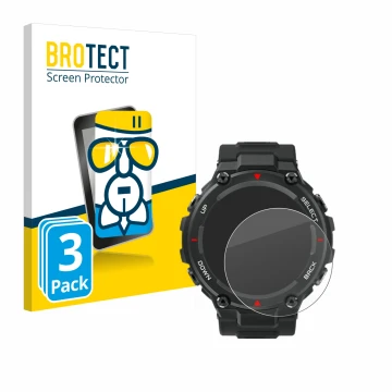 Vorderseite einer Produktverpackung mit dem Markenlogo BROTECT. Daneben ist das Gerät Huami Amazfit T-Rex mit dem zugehörigen 