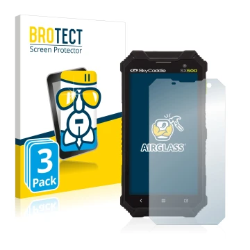 Vorderseite einer Produktverpackung mit dem Markenlogo BROTECT. Daneben ist das Gerät SkyCaddie SX500 mit dem zugehörigen Disp