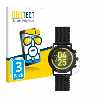 Vorderseite einer Produktverpackung mit dem Markenlogo BROTECT. Daneben ist das Gerät Skagen Smartwatch Falster 3 mit dem zuge