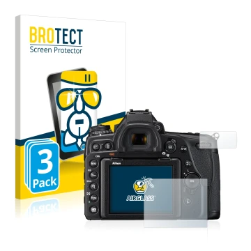 Vorderseite einer Produktverpackung mit dem Markenlogo BROTECT. Daneben ist das Gerät Nikon D780 mit dem zugehörigen Displaysc