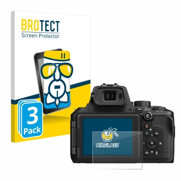Vorderseite einer Produktverpackung mit dem Markenlogo BROTECT. Daneben ist das Gerät Nikon Coolpix P950 mit dem zugehörigen D