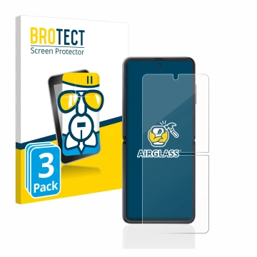 Vorderseite einer Produktverpackung mit dem Markenlogo BROTECT. Daneben ist das Gerät Samsung Galaxy Z Flip mit dem zugehörige