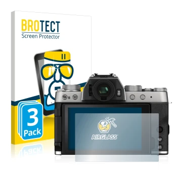 Vorderseite einer Produktverpackung mit dem Markenlogo BROTECT. Daneben ist das Gerät Fujifilm X-T200 mit dem zugehörigen Disp