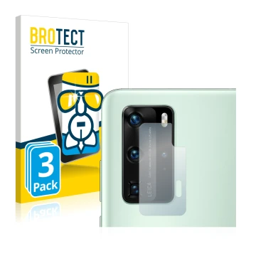 Vorderseite einer Produktverpackung mit dem Markenlogo BROTECT. Daneben ist das Gerät Huawei P40 Pro (NUR Kameraschutz) mit de